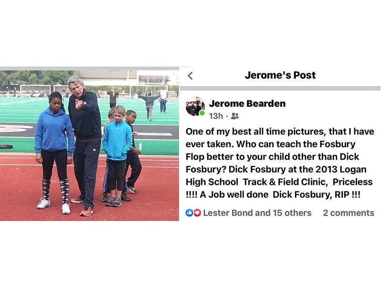Dick Fosbury 2013 Post on Jerome Bearden's FB page